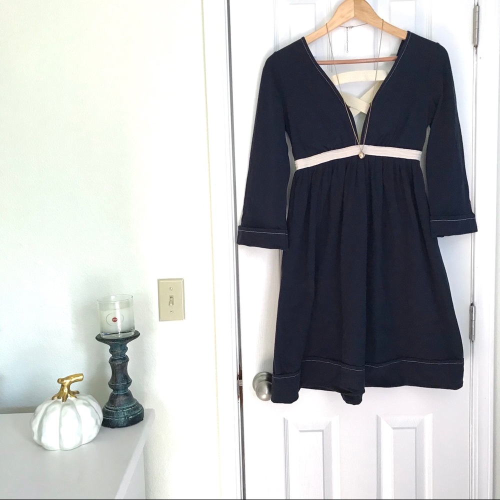 Anthropologie navy & ivory dress with lace-up back